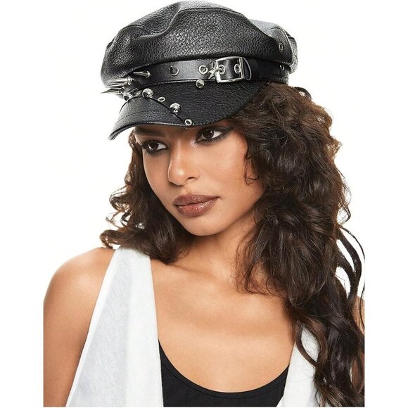 Women\'s Black Rivet Pu Leather Beret Fashion Caps Punk Rock Gothic Hats main image 5